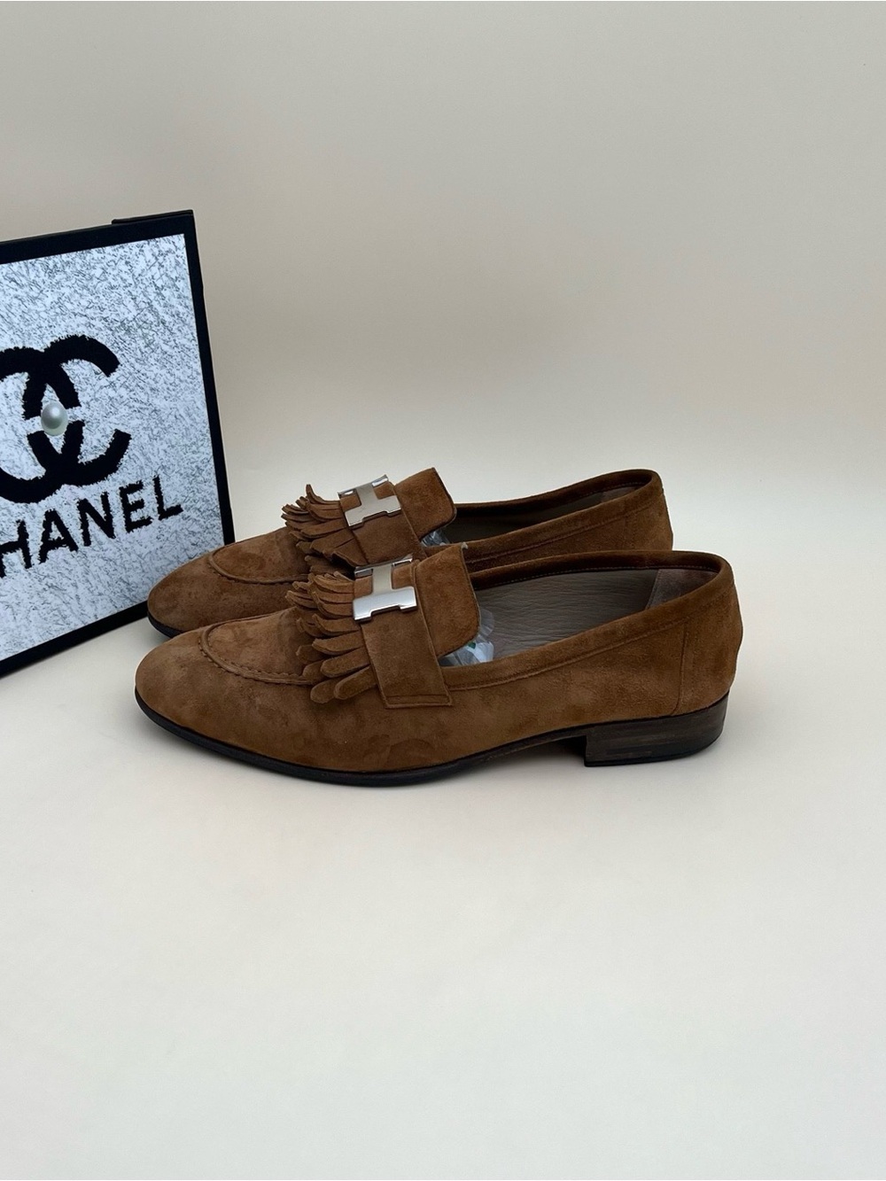 Hermes Brown Suede Fringe Tassel Loafers with Silver Hardware